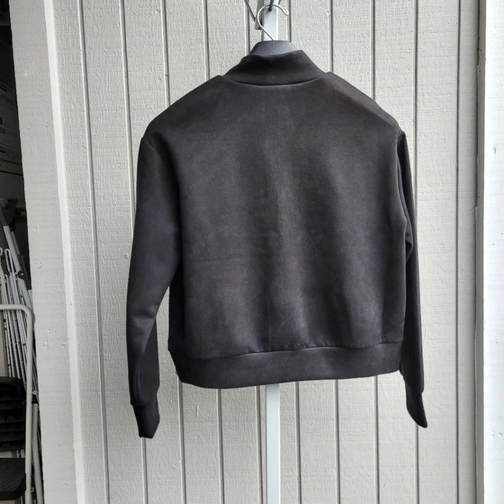 Black Faux Suede Half Zip Pullover Jacket Sweatshirt NEW Front Pocket Tahari - Picture 6 of 11
